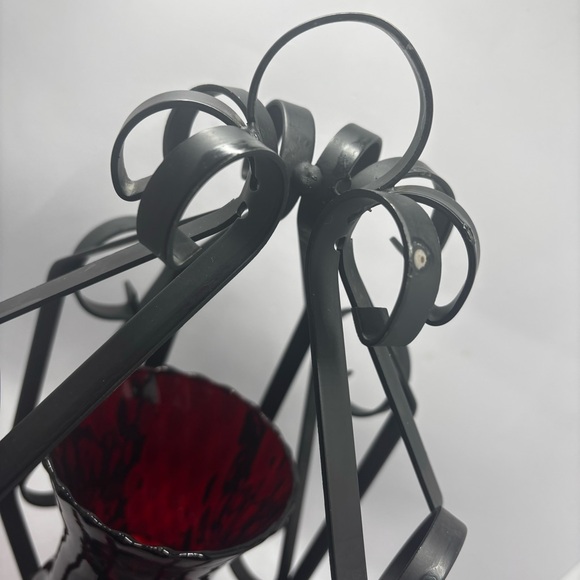 MCM-hanging metal scroll lantern with red glass votive holder-Spanish/goth/Vtg - Picture 7 of 11
